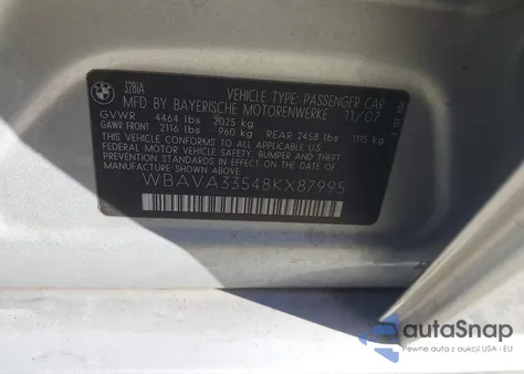 2008 BMW 328I z USA, uszkodzony, nr VIN WBAVA33548KX87995